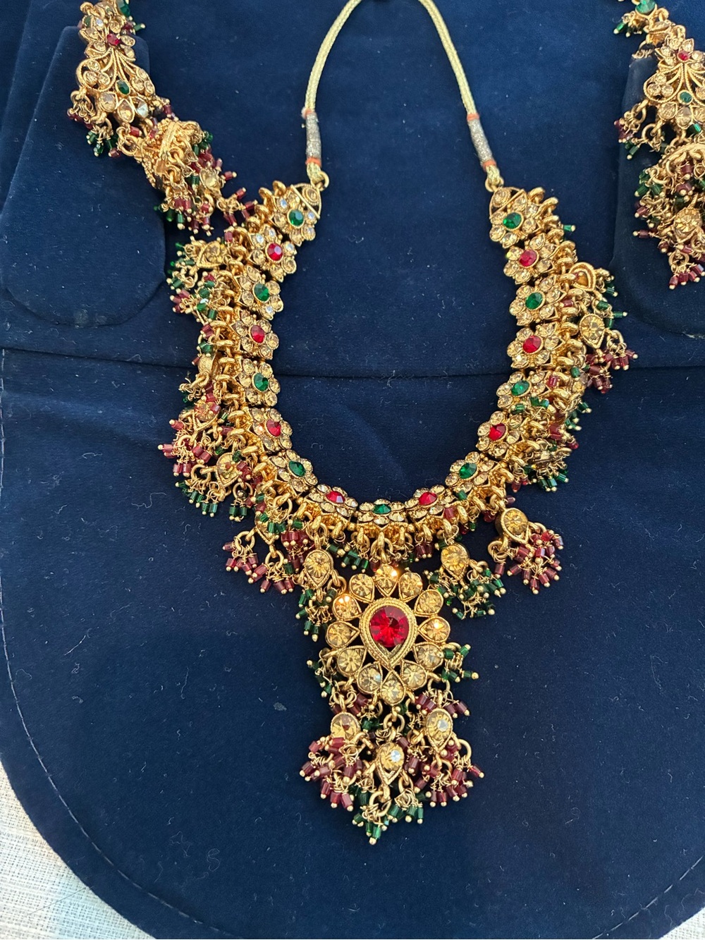 Indian Bridal Jewelry Gold-Tone Necklace Earrings Red and Green Stones